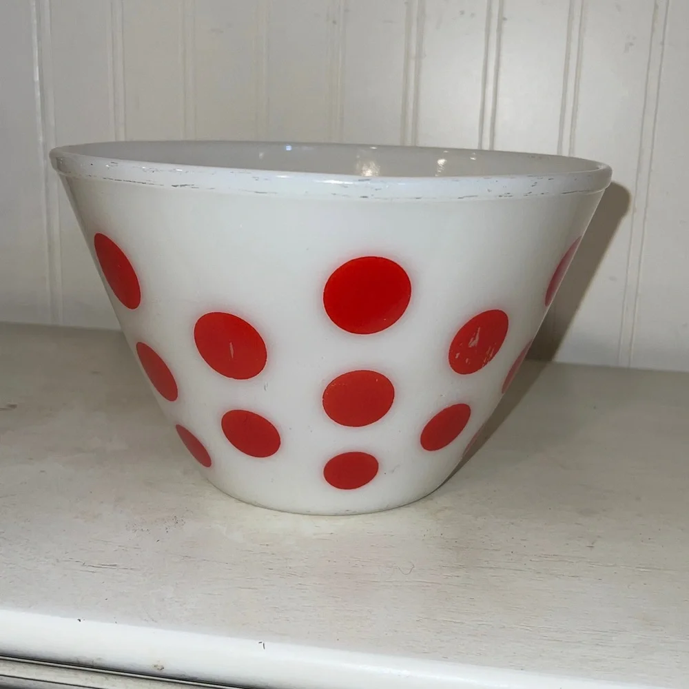 Vintage Fire King Oven Ware Polka Dot mixing bowl 5.5” x 8.5”
